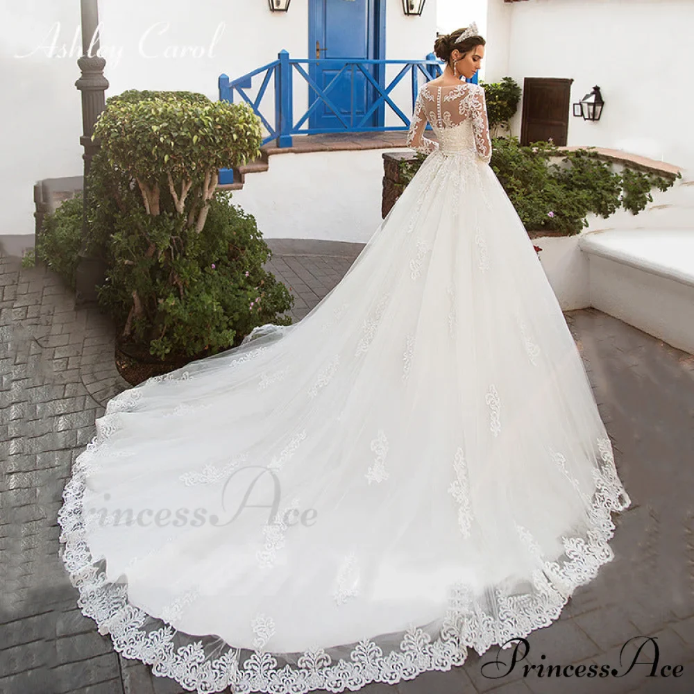 Circular Neck Extended Sleeve Lace Wedding Gown - Image 2