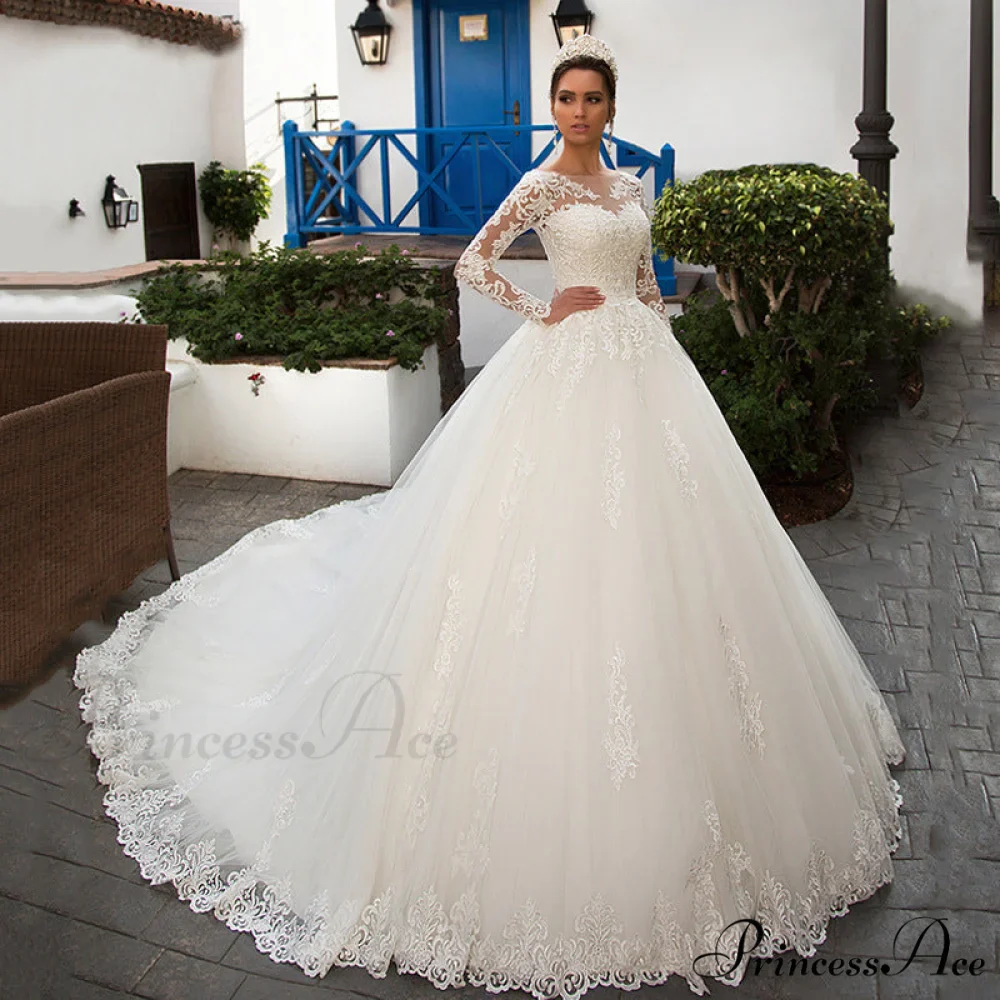 Circular Neck Extended Sleeve Lace Wedding Gown - Image 3