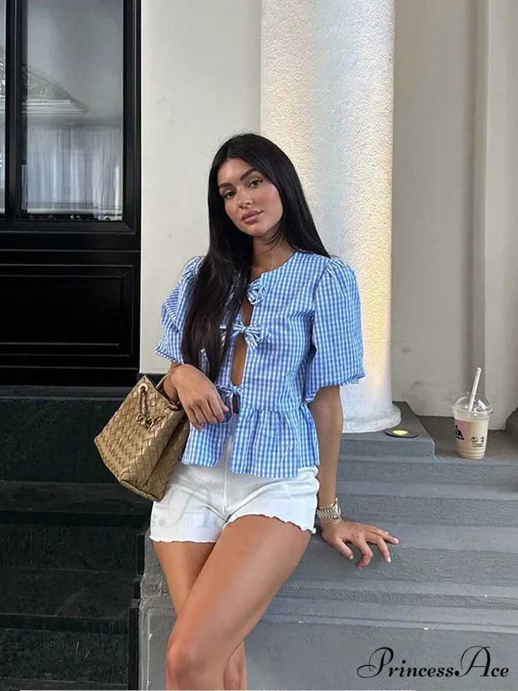 Circular Neck Ribbon Short Sleeve Checkered Blouse - Image 3
