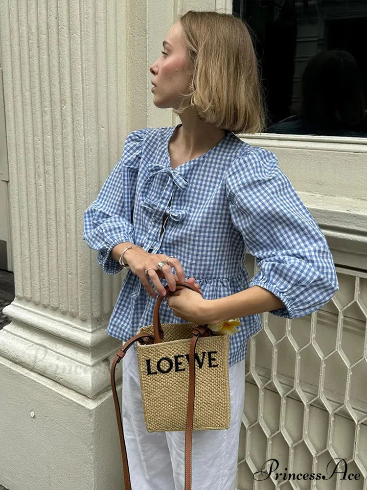 Circular Neck Ribbon Short Sleeve Checkered Blouse - Image 4