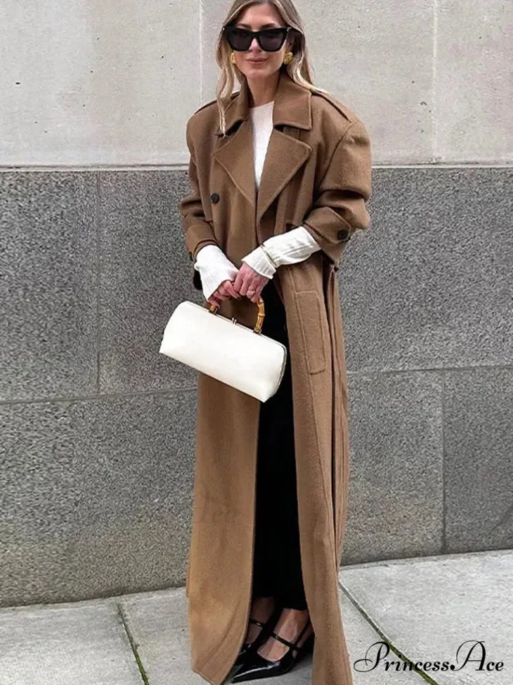 Classic Folded Collar Cinched Maxi Overcoat - Image 2