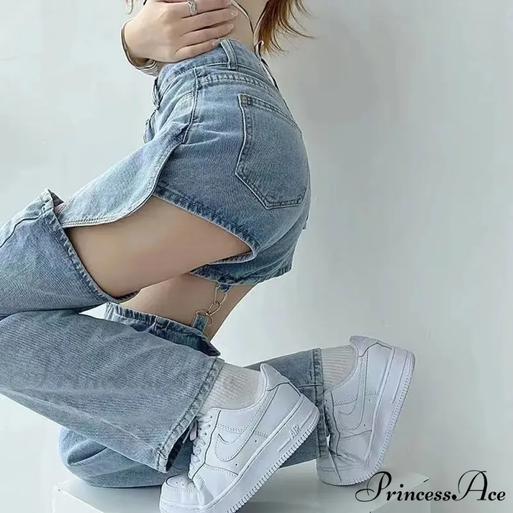 Clean Zipper False Torn Denim Trousers - Image 3