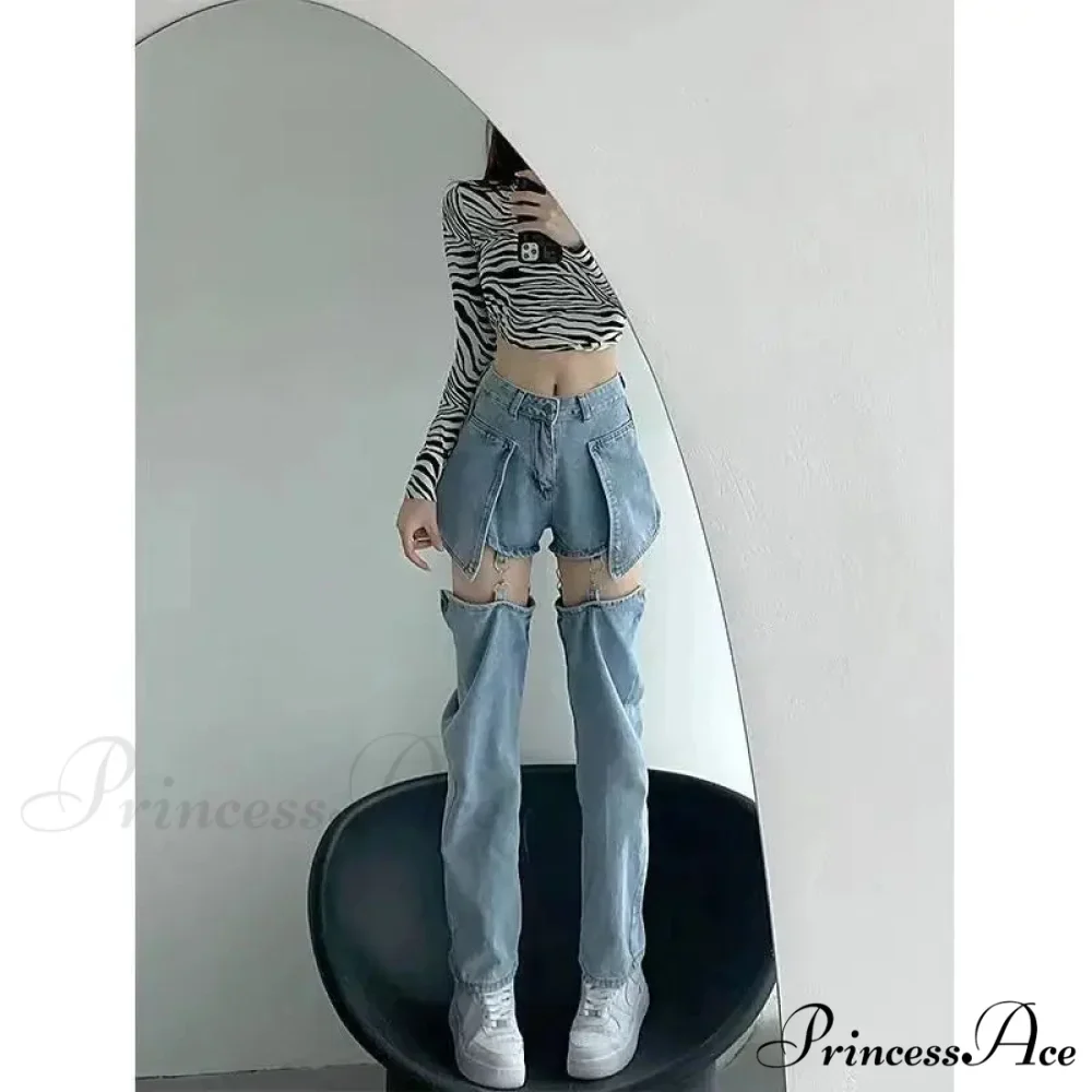 Clean Zipper False Torn Denim Trousers - Image 4