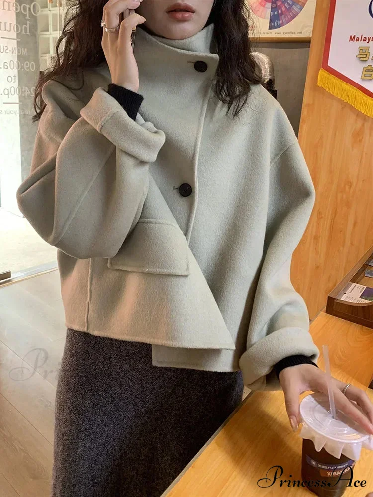 Cold Wool High Neck Buttoned Overcoat