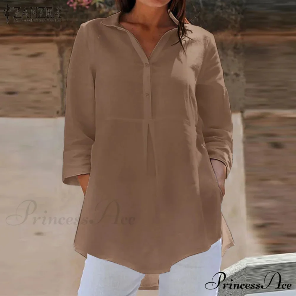 Collar Neck 3/4 Sleeve Informal Baggy Button Blouse - Image 2