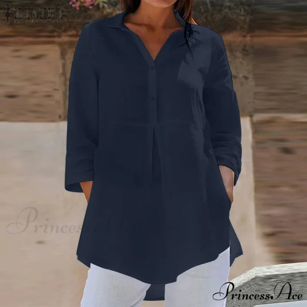 Collar Neck 3/4 Sleeve Informal Baggy Button Blouse - Image 3