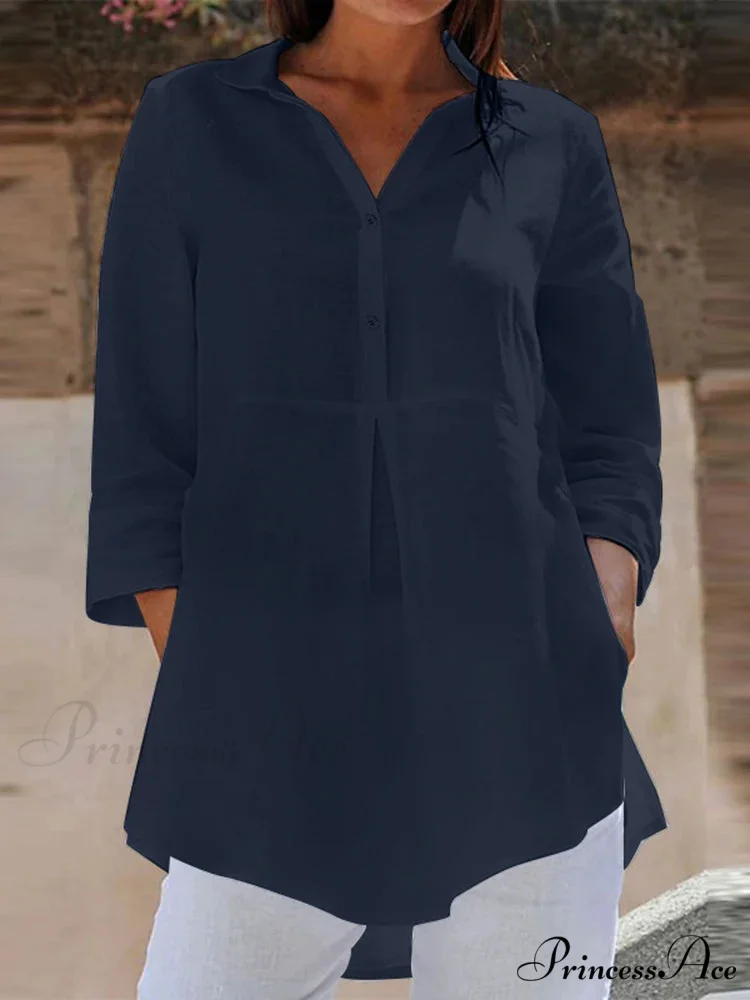 Collar Neck 3/4 Sleeve Informal Baggy Button Blouse - Image 4