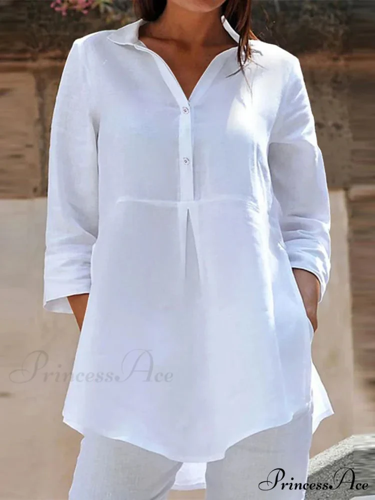 Collar Neck 3/4 Sleeve Informal Baggy Button Blouse - Image 5