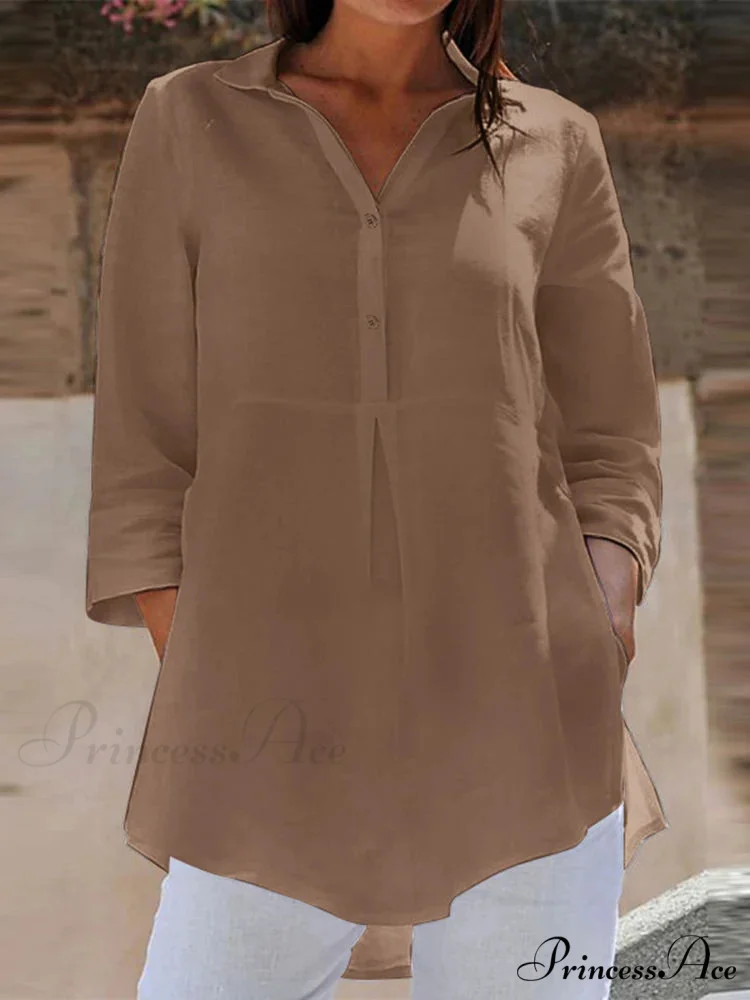 Collar Neck 3/4 Sleeve Informal Baggy Button Blouse - Image 6