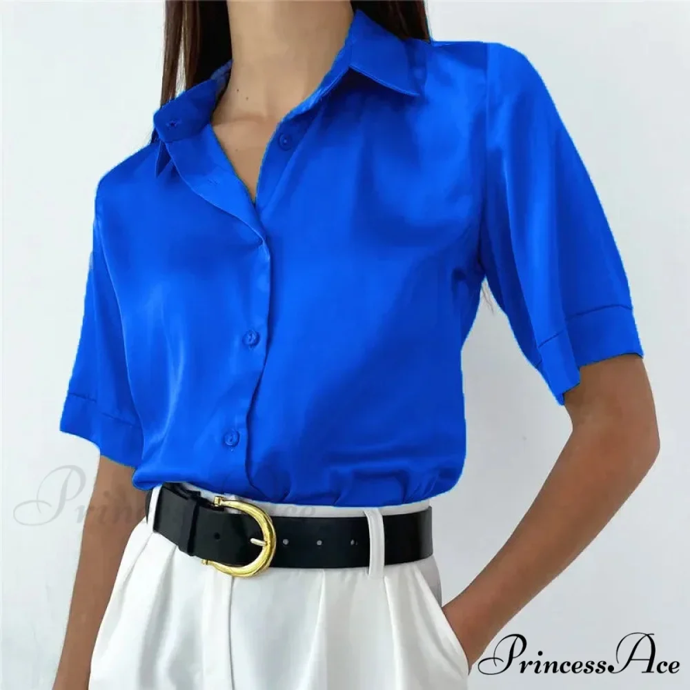 Collared Satin Retro Blue Blouse - Image 10