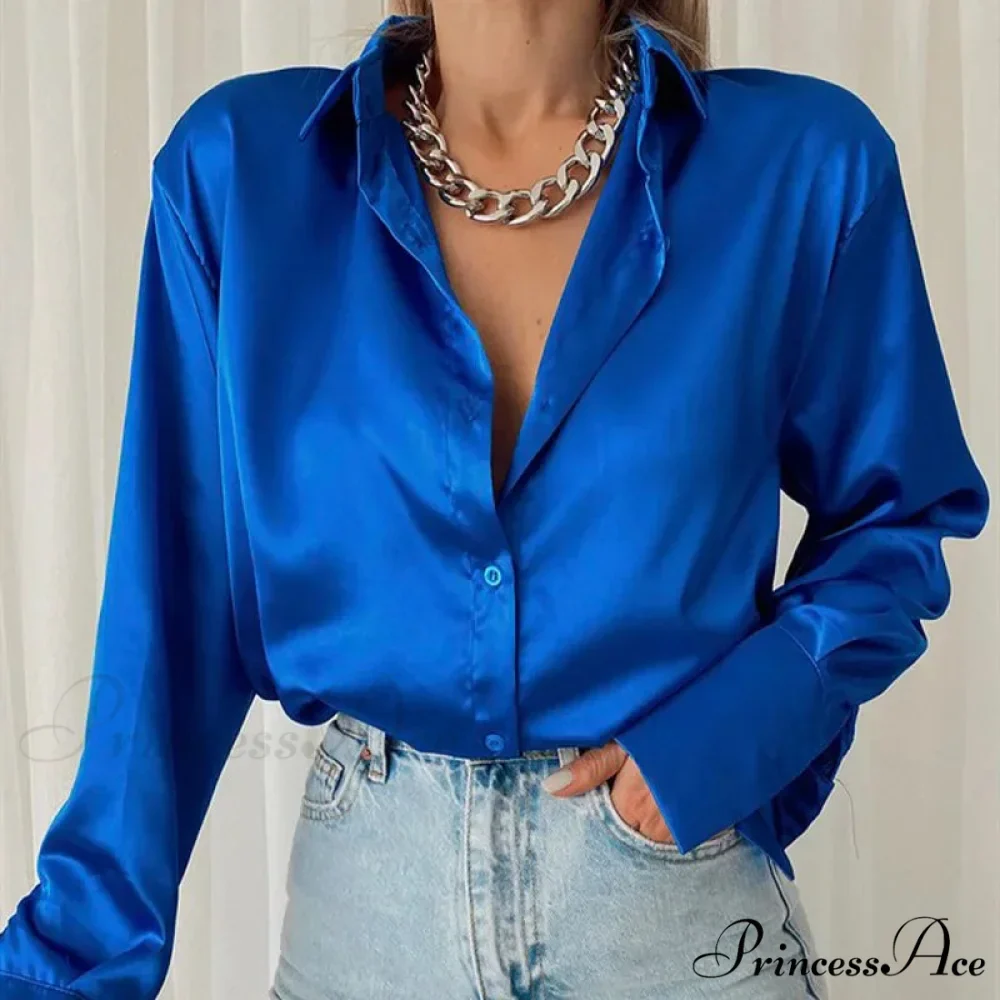 Collared Satin Retro Blue Blouse - Image 2