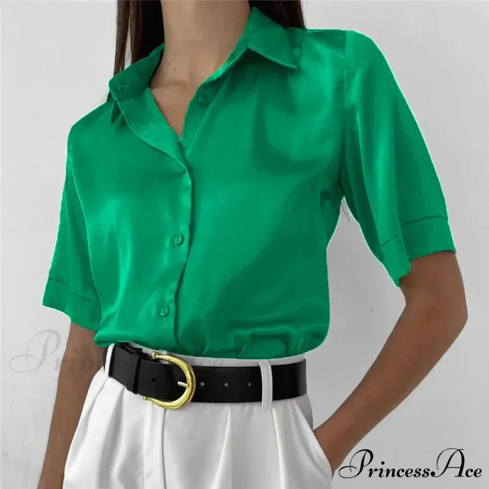 Collared Satin Retro Blue Blouse - Image 6