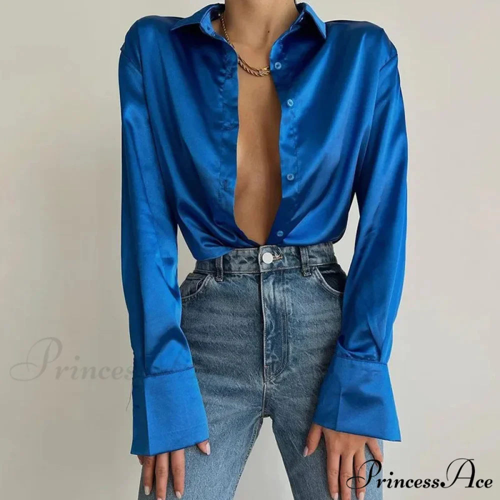 Collared Satin Retro Blue Blouse - Image 7