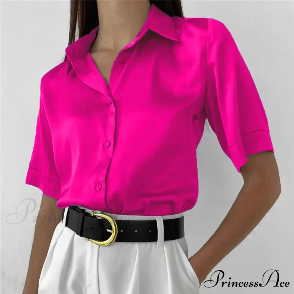 Collared Satin Retro Blue Blouse - Image 8