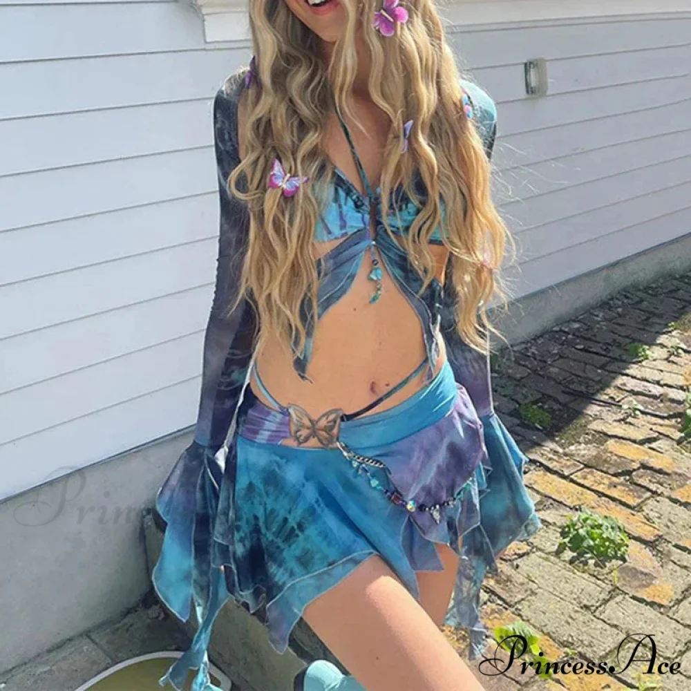 Colorful Dye Pattern Open Back Bandage Halter Two Piece Set - Image 4