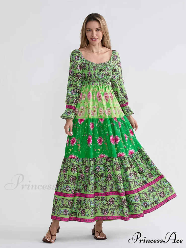 Colorful Floral Bohemian Off-Shoulder Puff Sleeve Frilly Vacation Beach Dress - Image 10