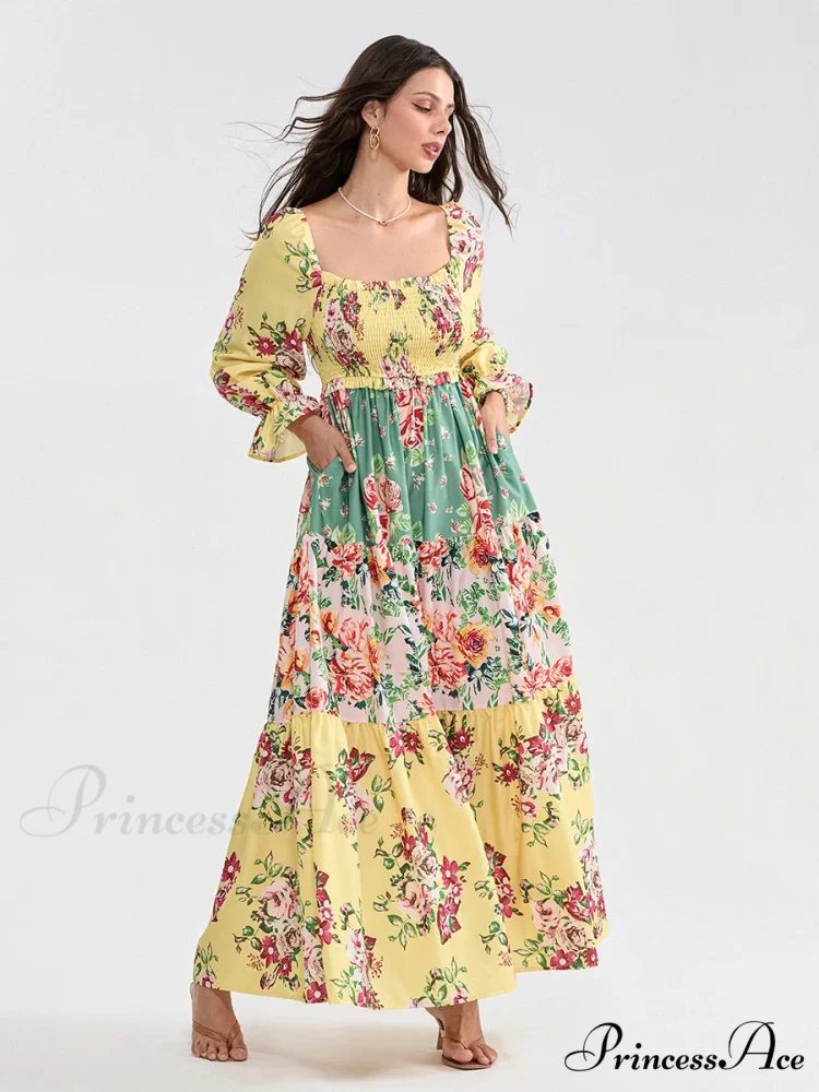 Colorful Floral Bohemian Off-Shoulder Puff Sleeve Frilly Vacation Beach Dress - Image 11