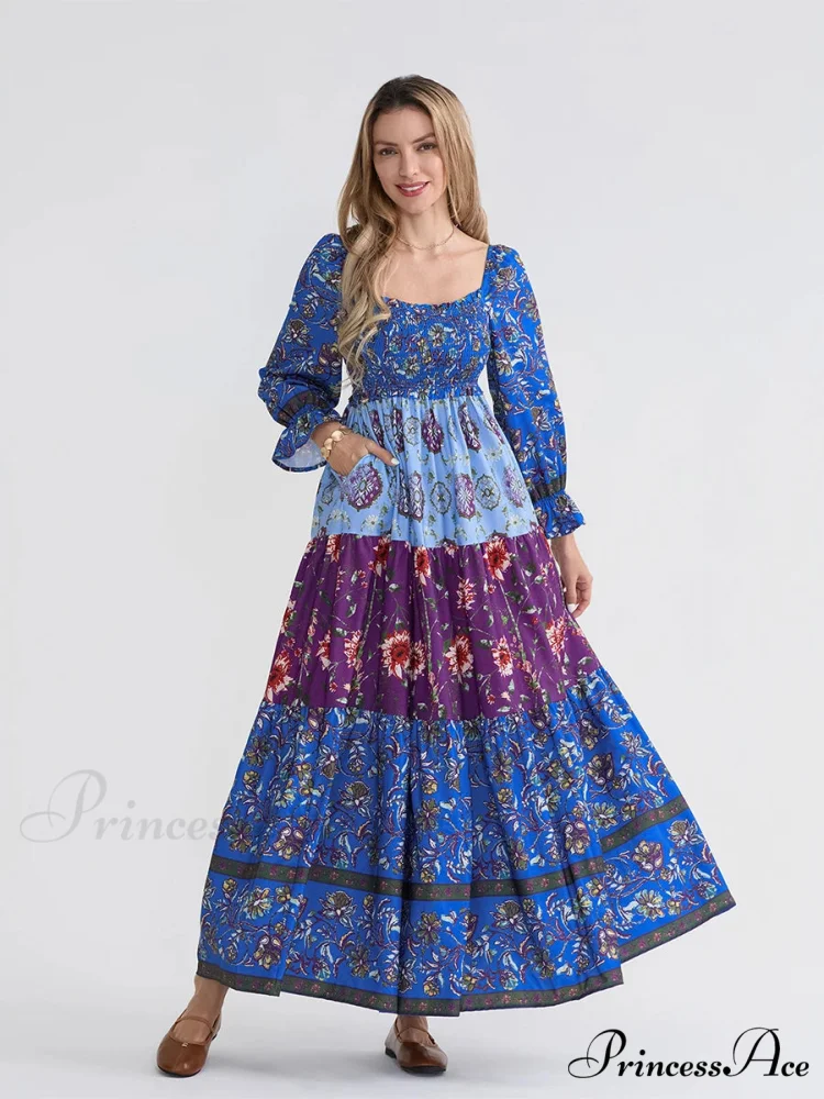 Colorful Floral Bohemian Off-Shoulder Puff Sleeve Frilly Vacation Beach Dress - Image 12