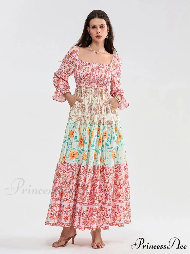 Colorful Floral Bohemian Off-Shoulder Puff Sleeve Frilly Vacation Beach Dress - Image 13
