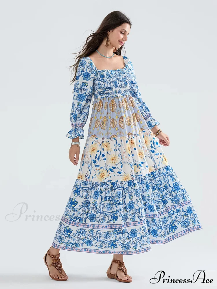 Colorful Floral Bohemian Off-Shoulder Puff Sleeve Frilly Vacation Beach Dress - Image 2
