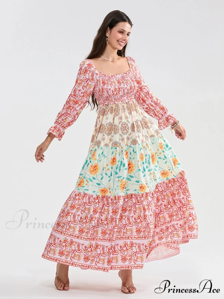 Colorful Floral Bohemian Off-Shoulder Puff Sleeve Frilly Vacation Beach Dress - Image 3