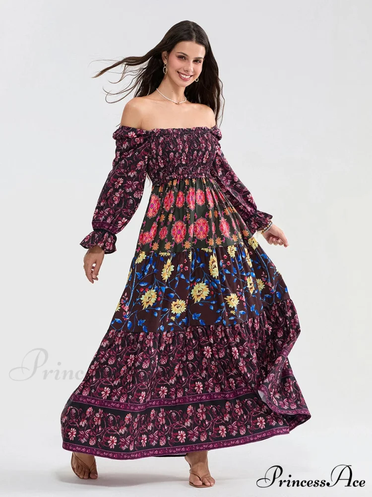 Colorful Floral Bohemian Off-Shoulder Puff Sleeve Frilly Vacation Beach Dress - Image 4