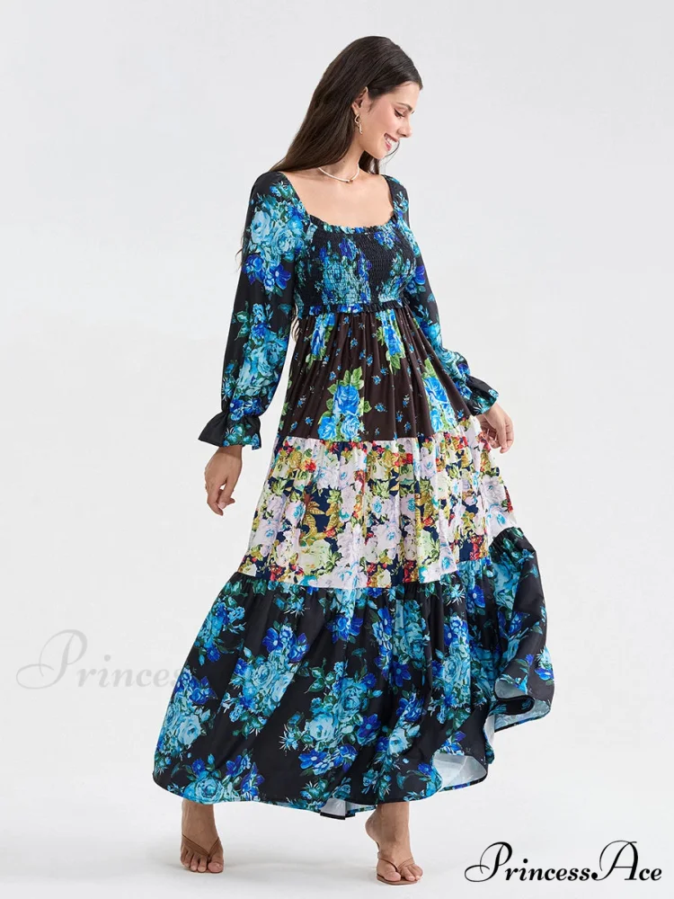 Colorful Floral Bohemian Off-Shoulder Puff Sleeve Frilly Vacation Beach Dress - Image 5