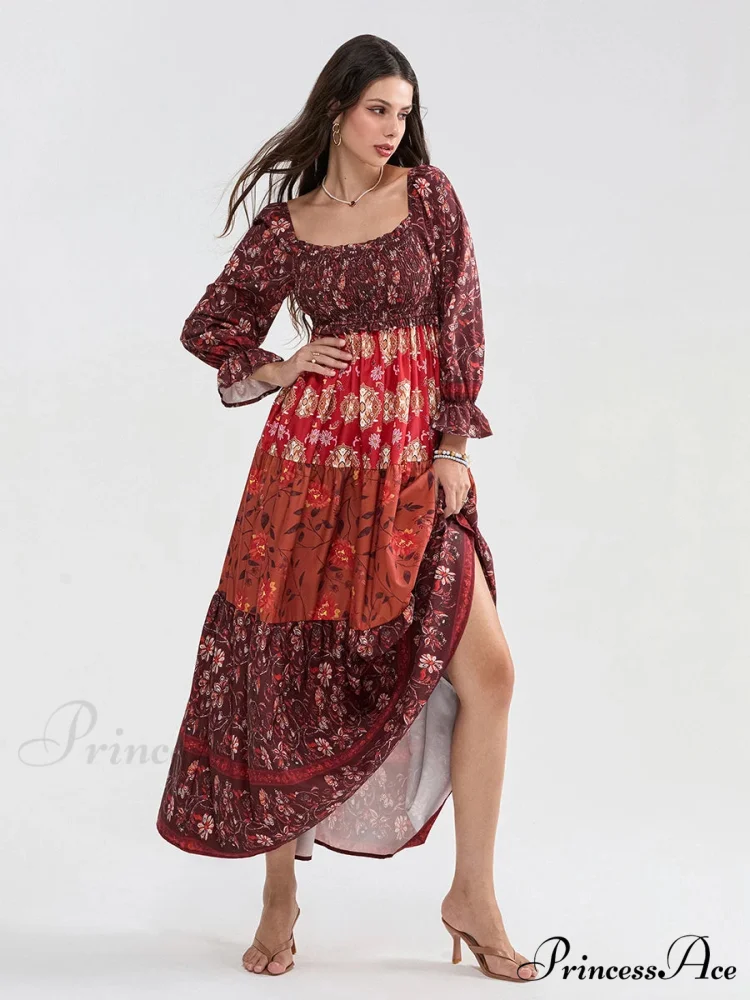 Colorful Floral Bohemian Off-Shoulder Puff Sleeve Frilly Vacation Beach Dress - Image 6