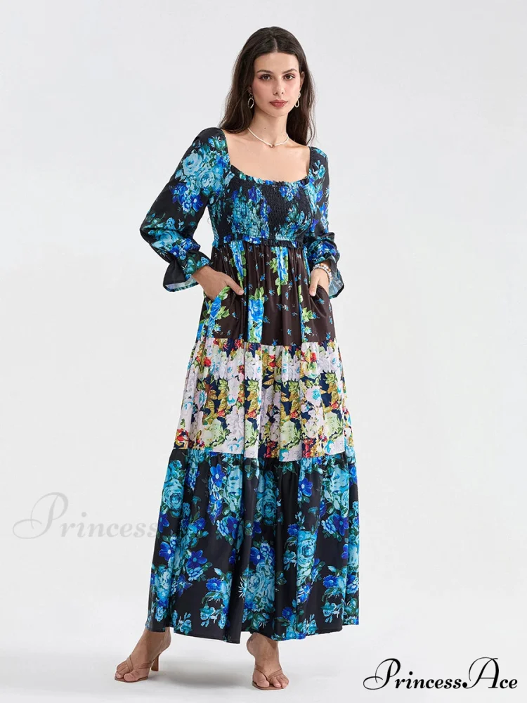Colorful Floral Bohemian Off-Shoulder Puff Sleeve Frilly Vacation Beach Dress - Image 7