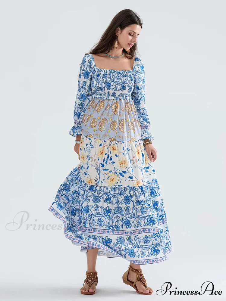 Colorful Floral Bohemian Off-Shoulder Puff Sleeve Frilly Vacation Beach Dress - Image 8