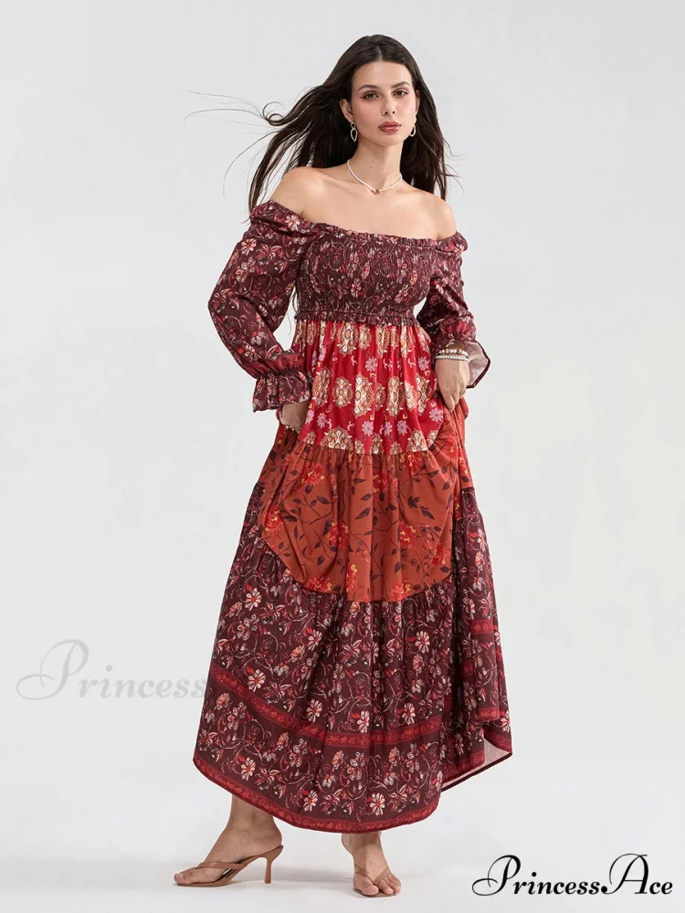 Colorful Floral Bohemian Off-Shoulder Puff Sleeve Frilly Vacation Beach Dress - Image 9