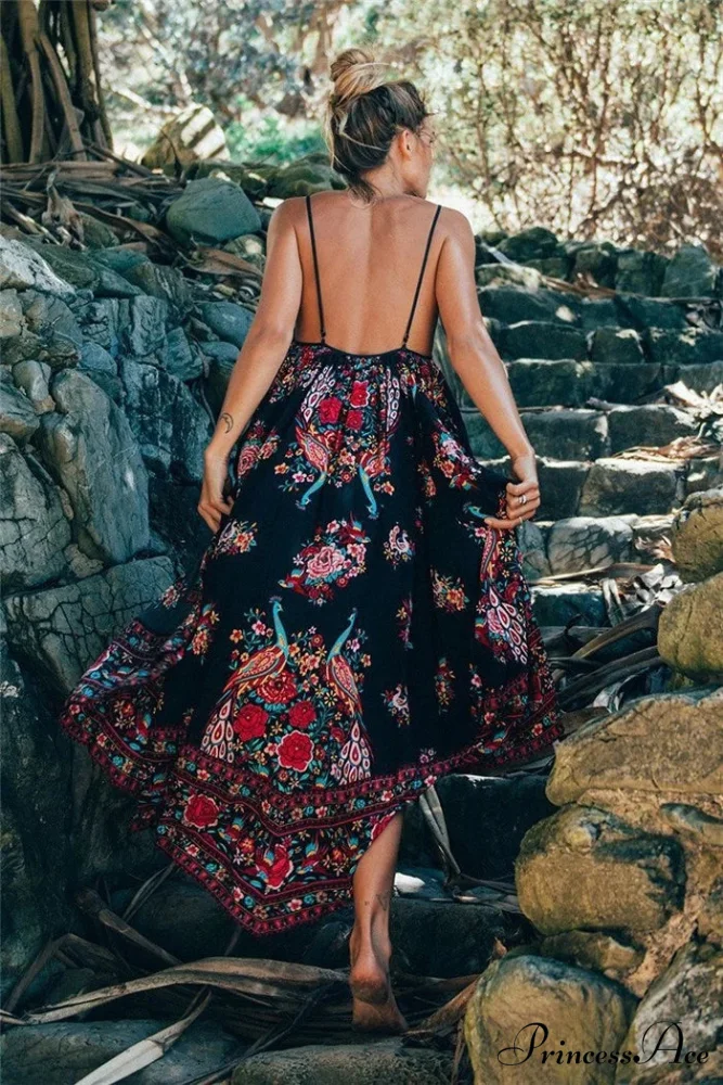Colorful Flower Pattern Sleeveless Seaside Free-Spirited Maxi Boho Dress - Image 2