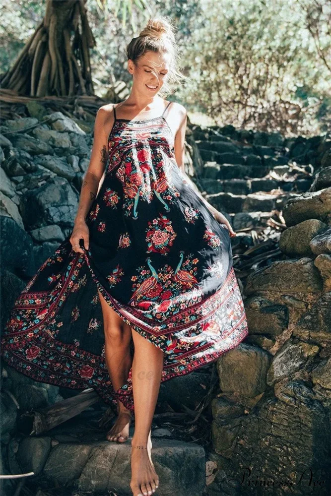 Colorful Flower Pattern Sleeveless Seaside Free-Spirited Maxi Boho Dress - Image 5