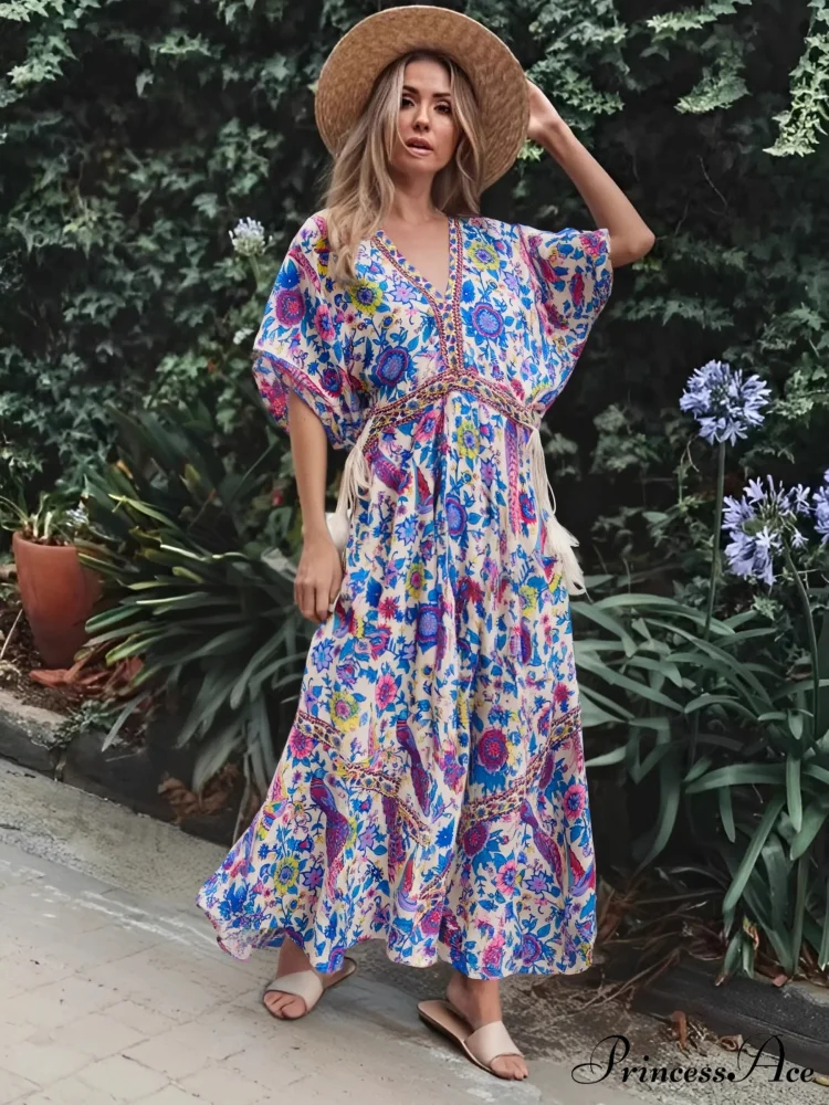 Colorful Flower Pattern V-neck Fringe Rayon Holiday Bohemian Dress - Image 2