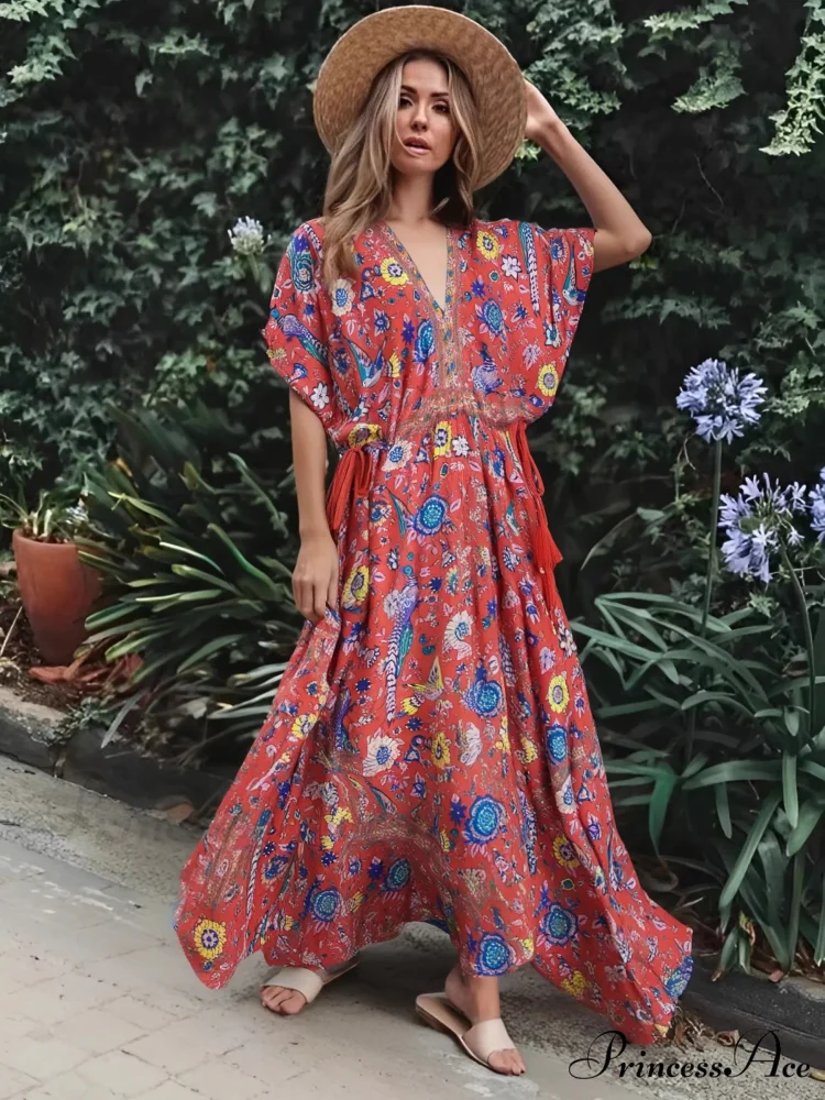 Colorful Flower Pattern V-neck Fringe Rayon Holiday Bohemian Dress - Image 3