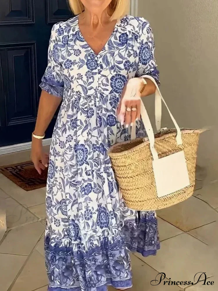 Colorful V-neck Flower Dress Extra Large Flowy Summer Dress - Image 2