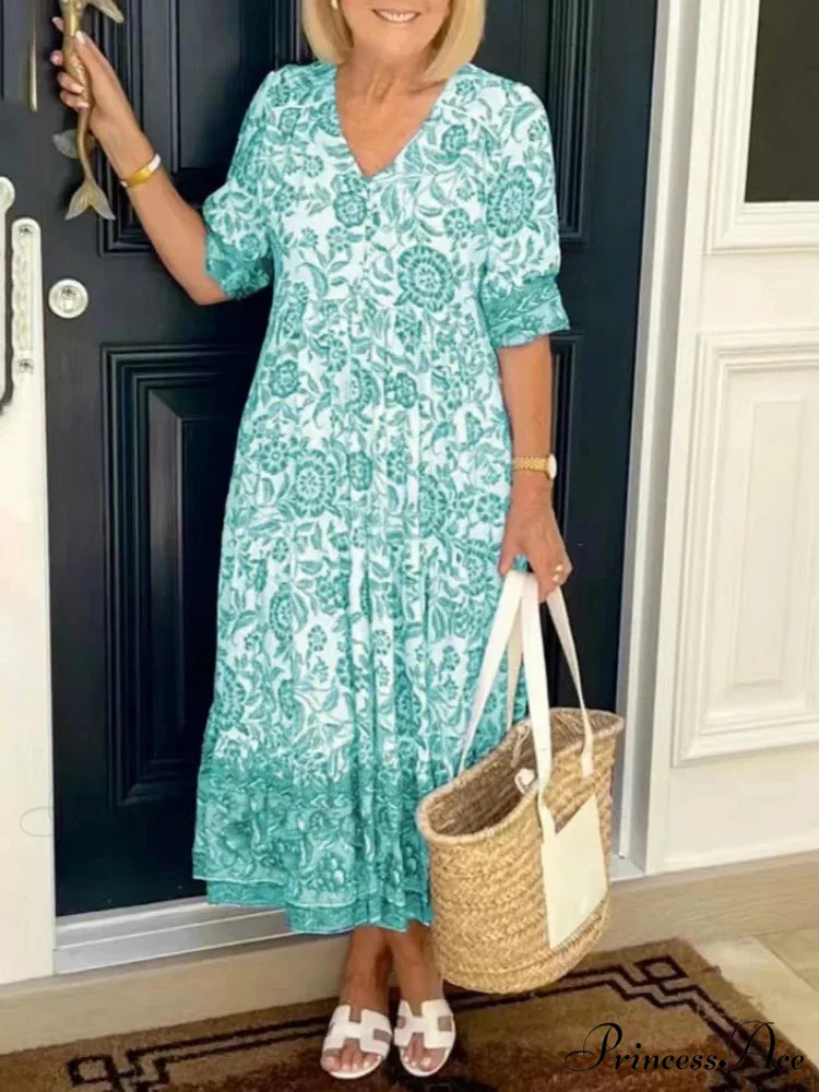 Colorful V-neck Flower Dress Extra Large Flowy Summer Dress - Image 3