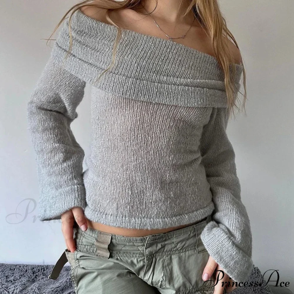 Comfortable Off Shoulder Knitted Jumper Laid-back Long Sleeve Jumpers Women - Image 5