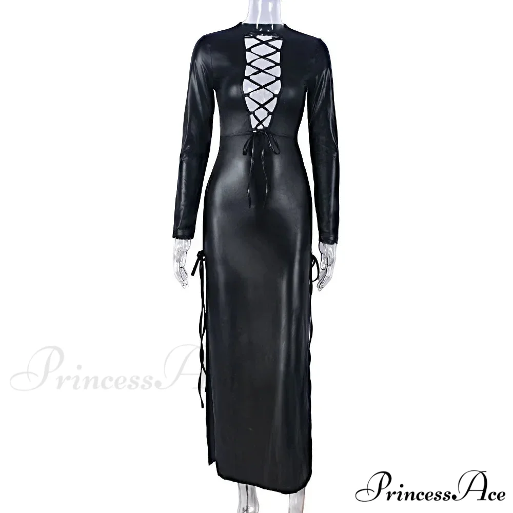 PU Leather Bandage Split Deep V Maxi Dress - Image 6