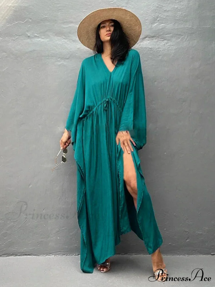 Solid Tunic Loose Kaftan Side Split Long Maxi Dress - Image 2