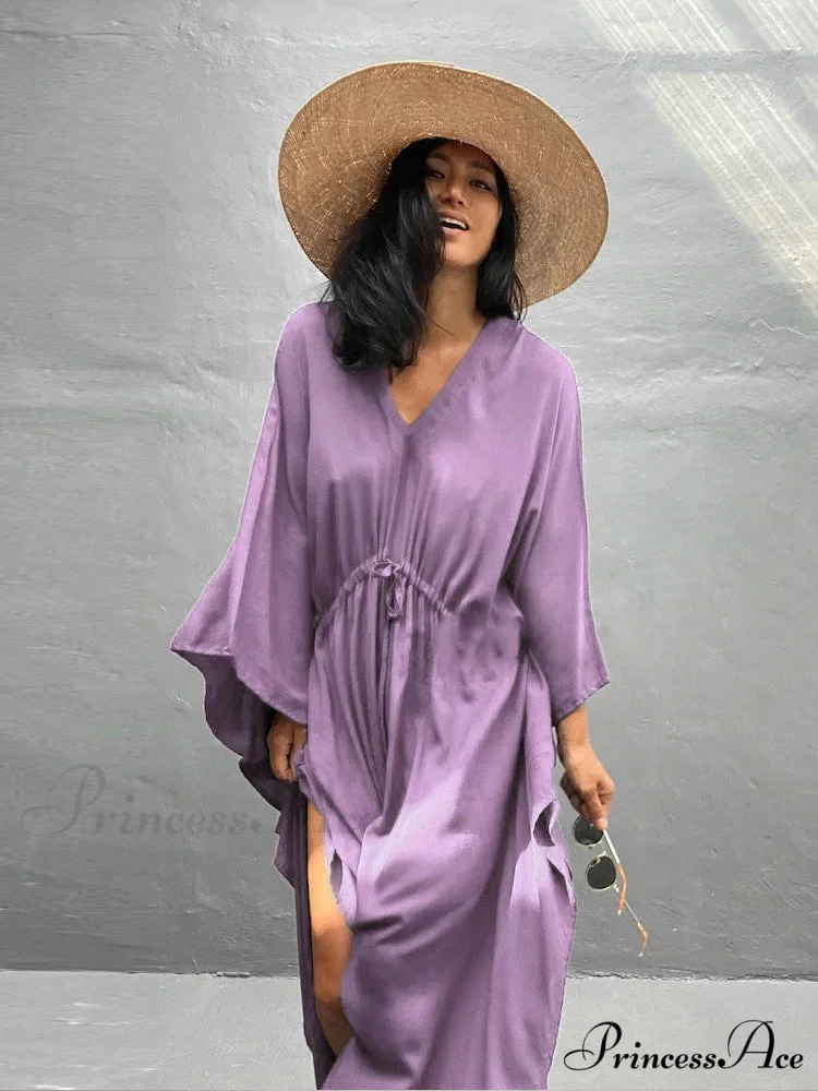 Solid Tunic Loose Kaftan Side Split Long Maxi Dress - Image 3