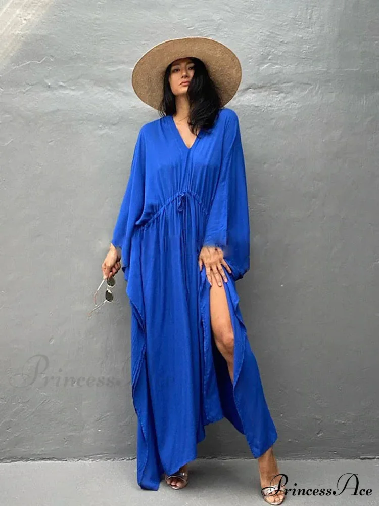 Solid Tunic Loose Kaftan Side Split Long Maxi Dress - Image 4