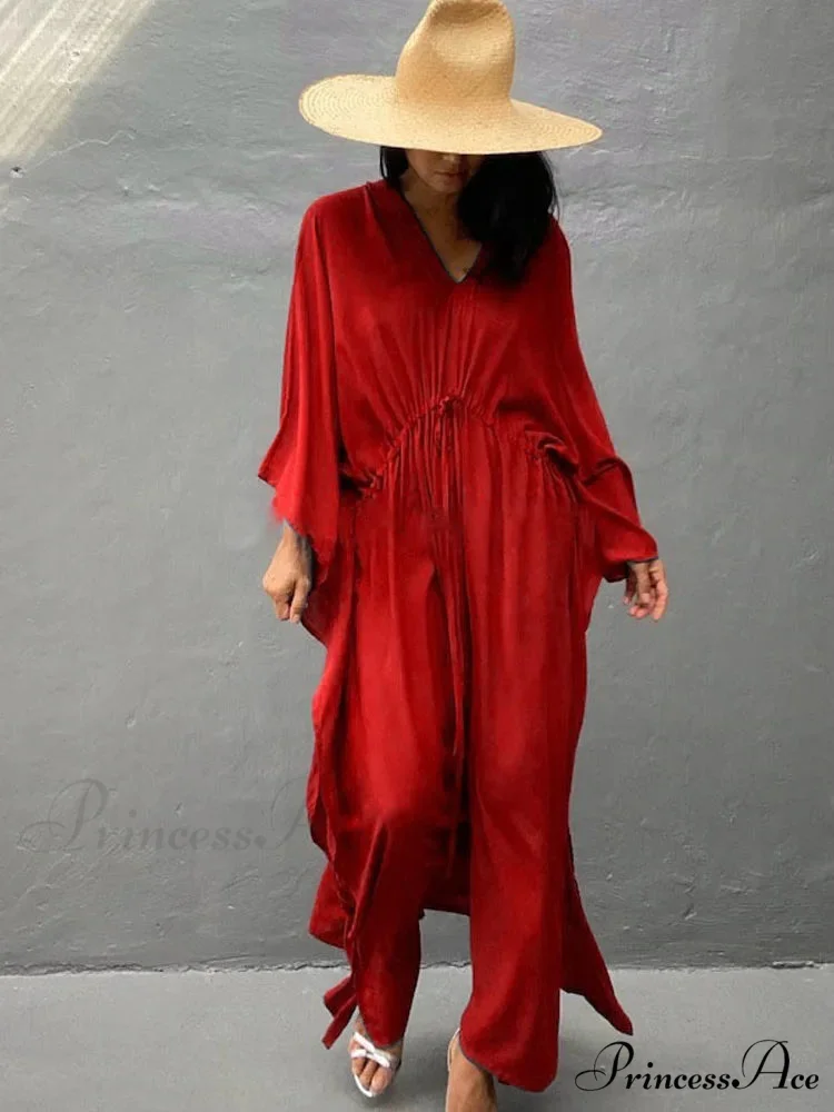 Solid Tunic Loose Kaftan Side Split Long Maxi Dress - Image 5