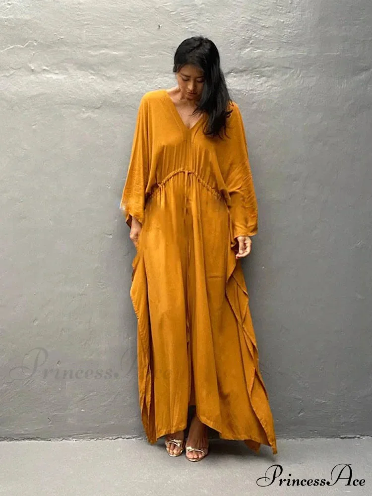 Solid Tunic Loose Kaftan Side Split Long Maxi Dress - Image 6