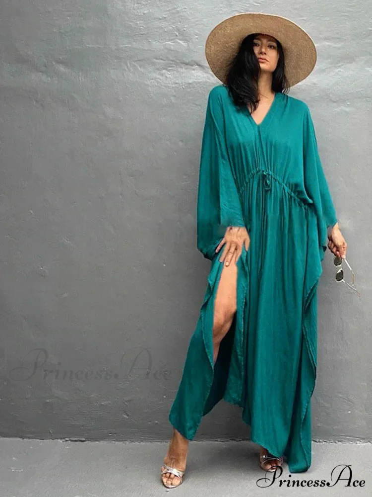 Solid Tunic Loose Kaftan Side Split Long Maxi Dress - Image 7