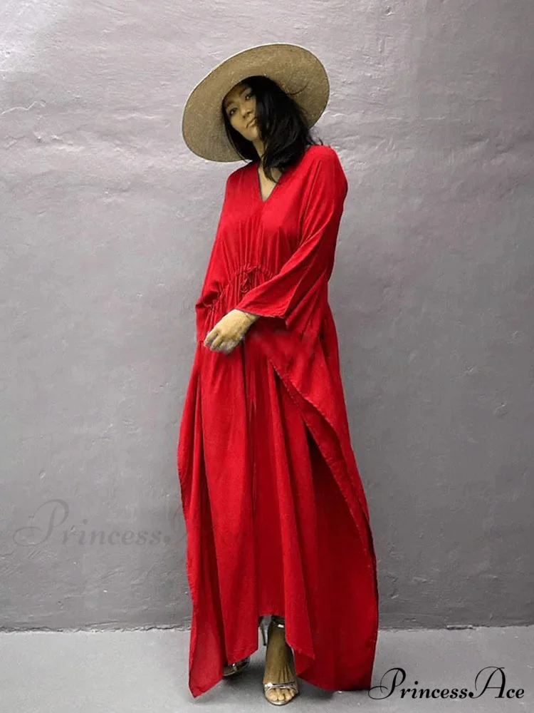 Solid Tunic Loose Kaftan Side Split Long Maxi Dress - Image 8
