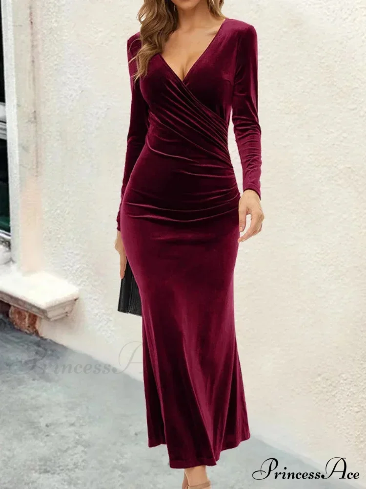 Bodycon V-neck Wrap Slim Fishtail Evening Maxi Dress - Image 2