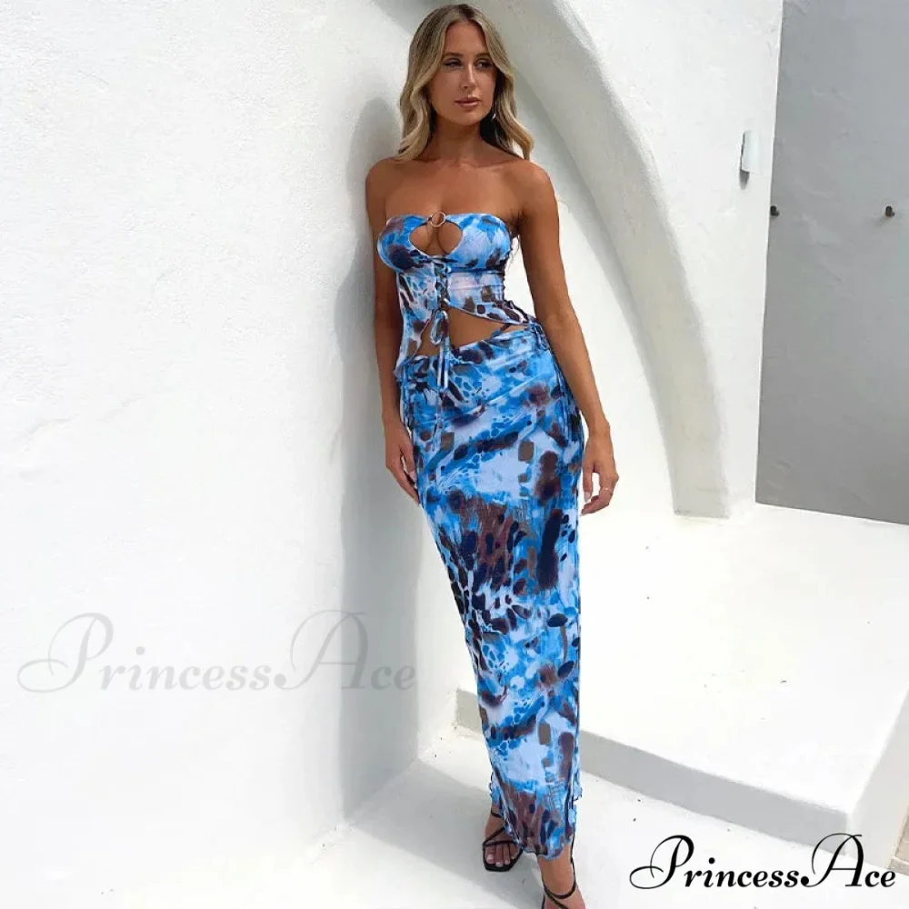 Fashion Print Sexy Cut Out Strapless Lace Up Maxi Dress - Image 4