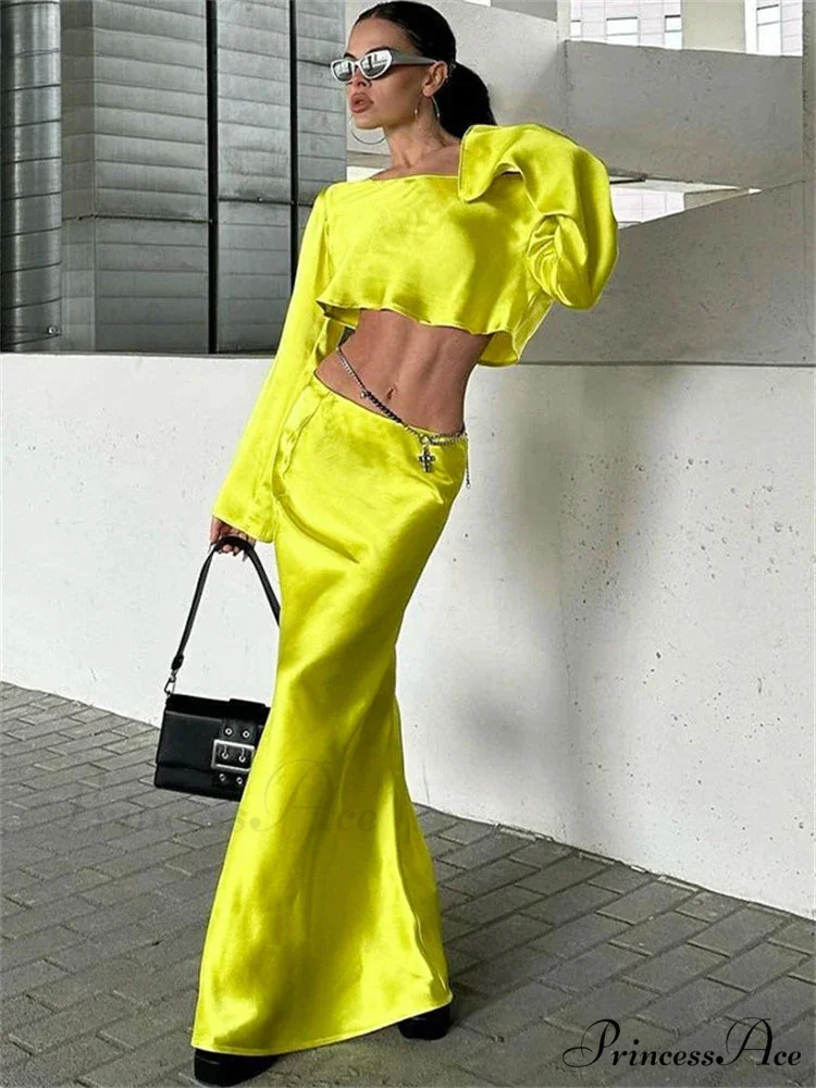 Satin Off Shoulder Long Sleeve Crop Top Maxi Dress - Image 2