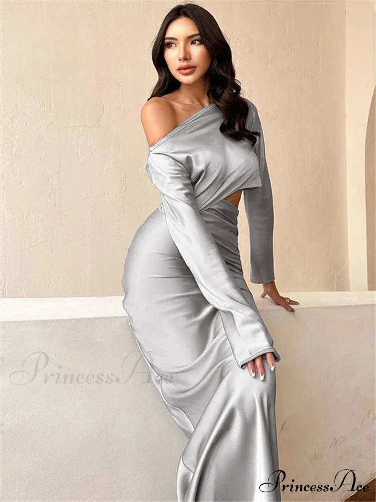 Satin Off Shoulder Long Sleeve Crop Top Maxi Dress - Image 3